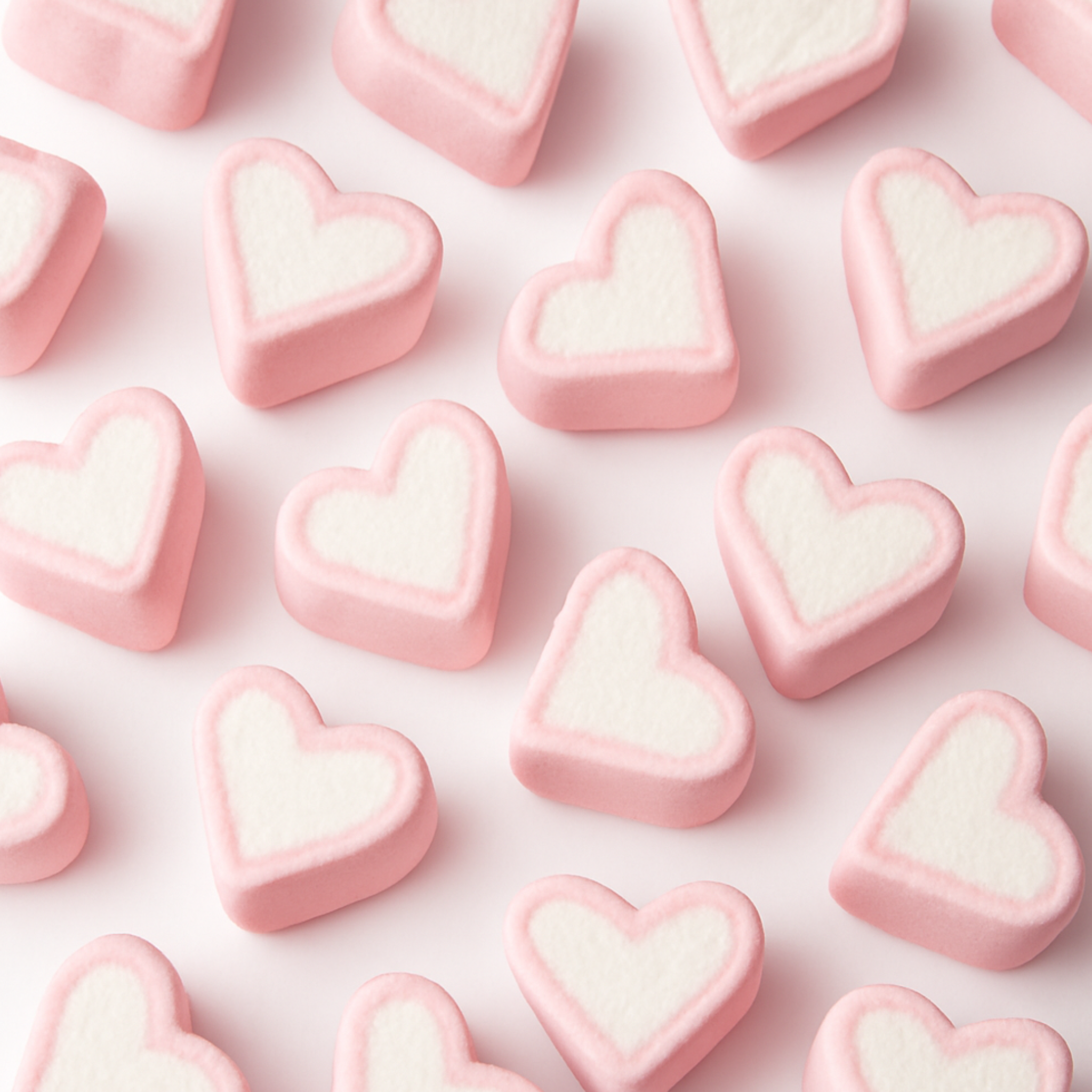 halal heart marshmallows on a pink background.