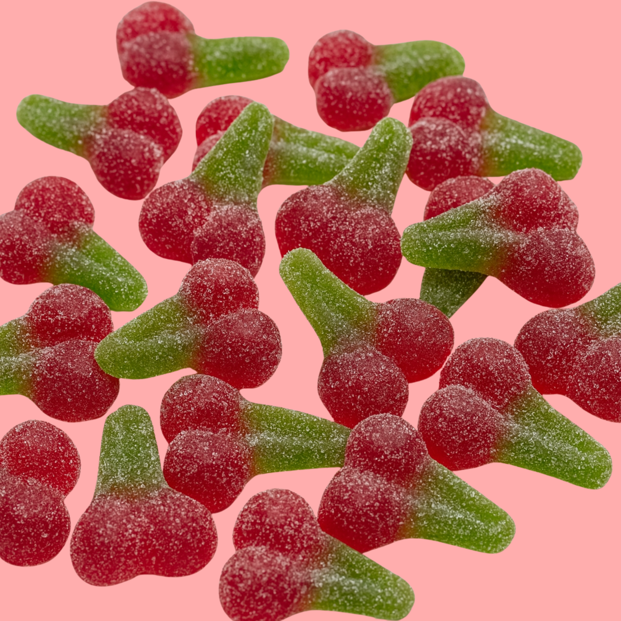 halal fizzy twin cherries against a light pink background.