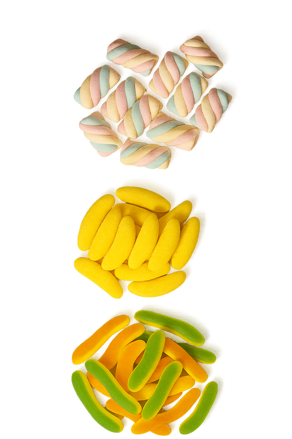 Three piles of colorful halal sweets.
