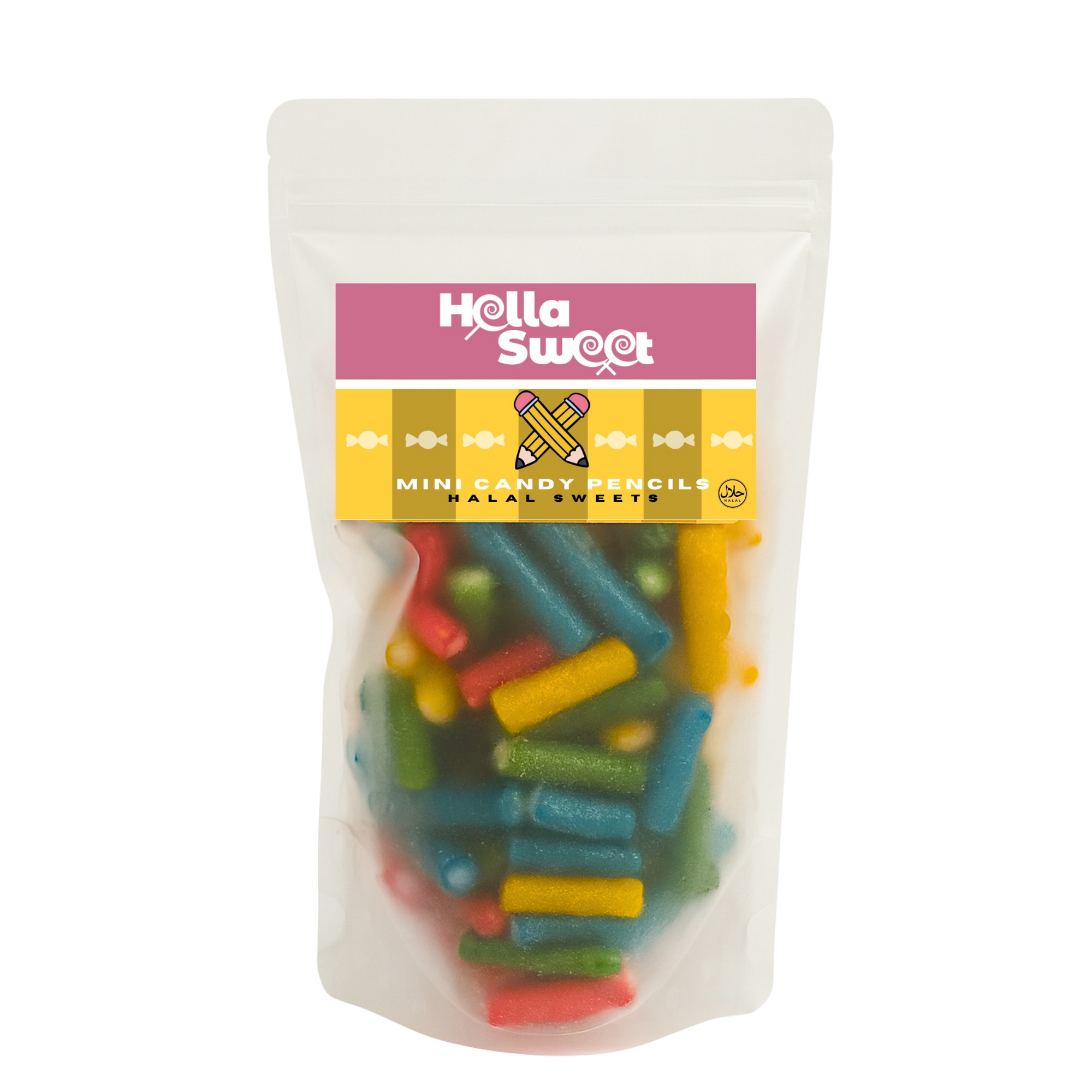 Packaged halal candy pencils in a stand up pouch against a white background.